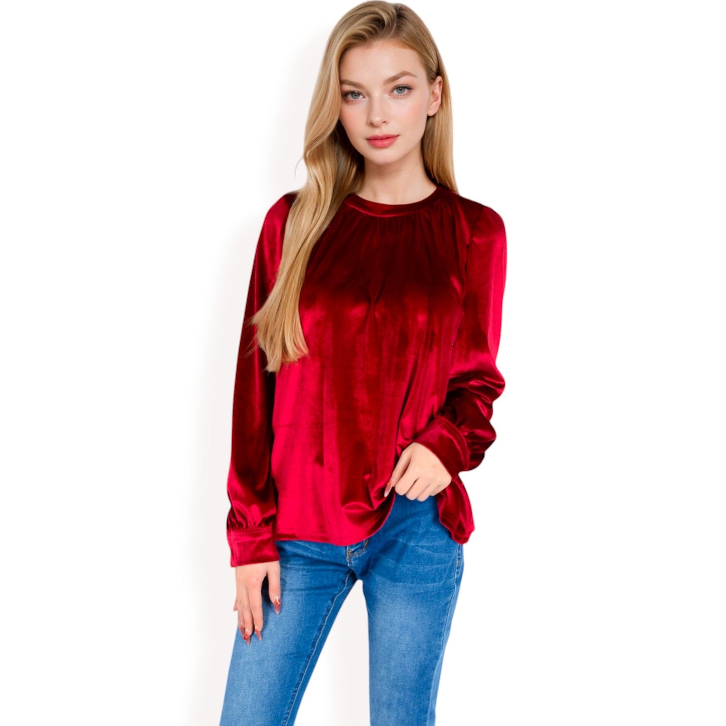 Velvet Long Sleeve Top with Puff Shoulders