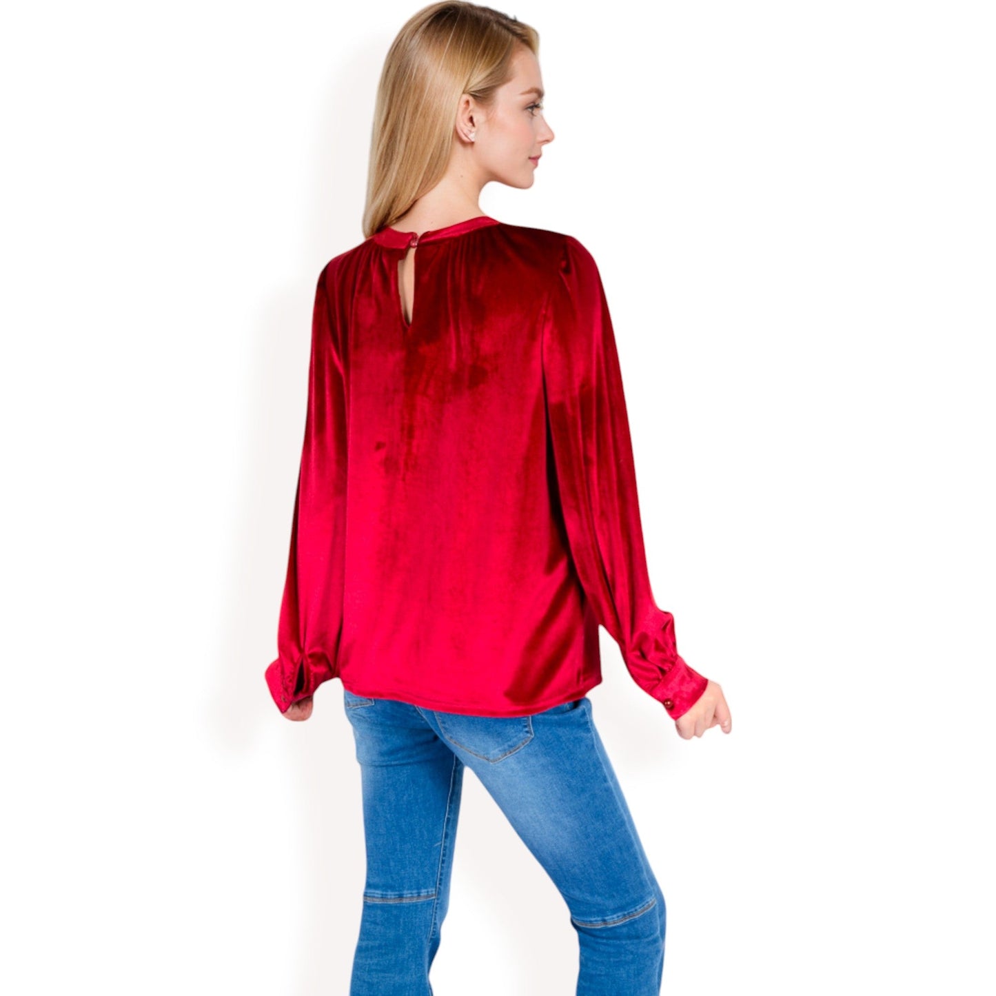 Velvet Long Sleeve Top with Puff Shoulders