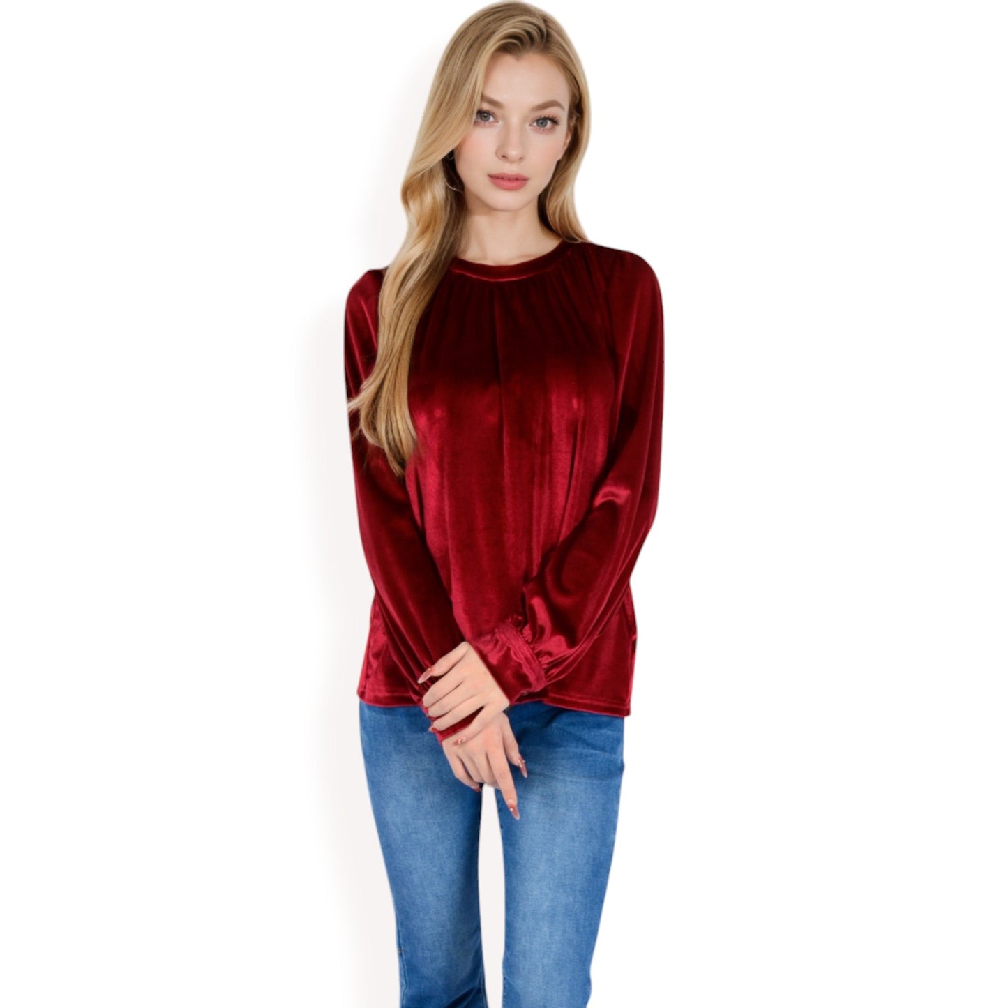 Velvet Long Sleeve Top with Puff Shoulders