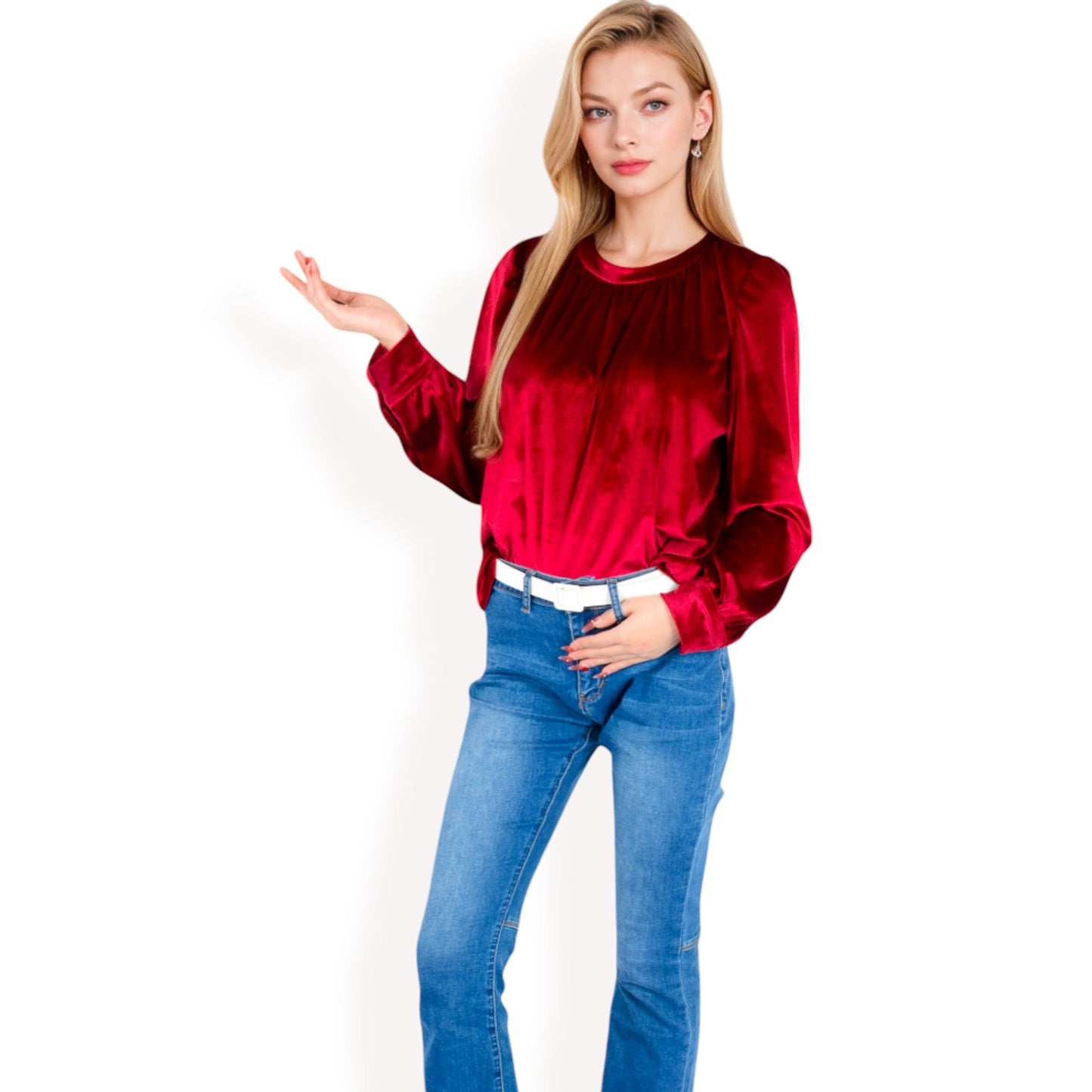 Velvet Long Sleeve Top with Puff Shoulders
