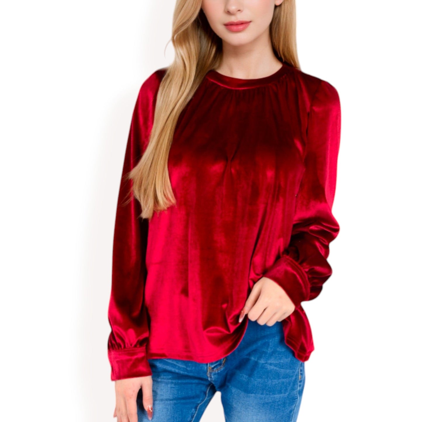 Velvet Long Sleeve Top with Puff Shoulders