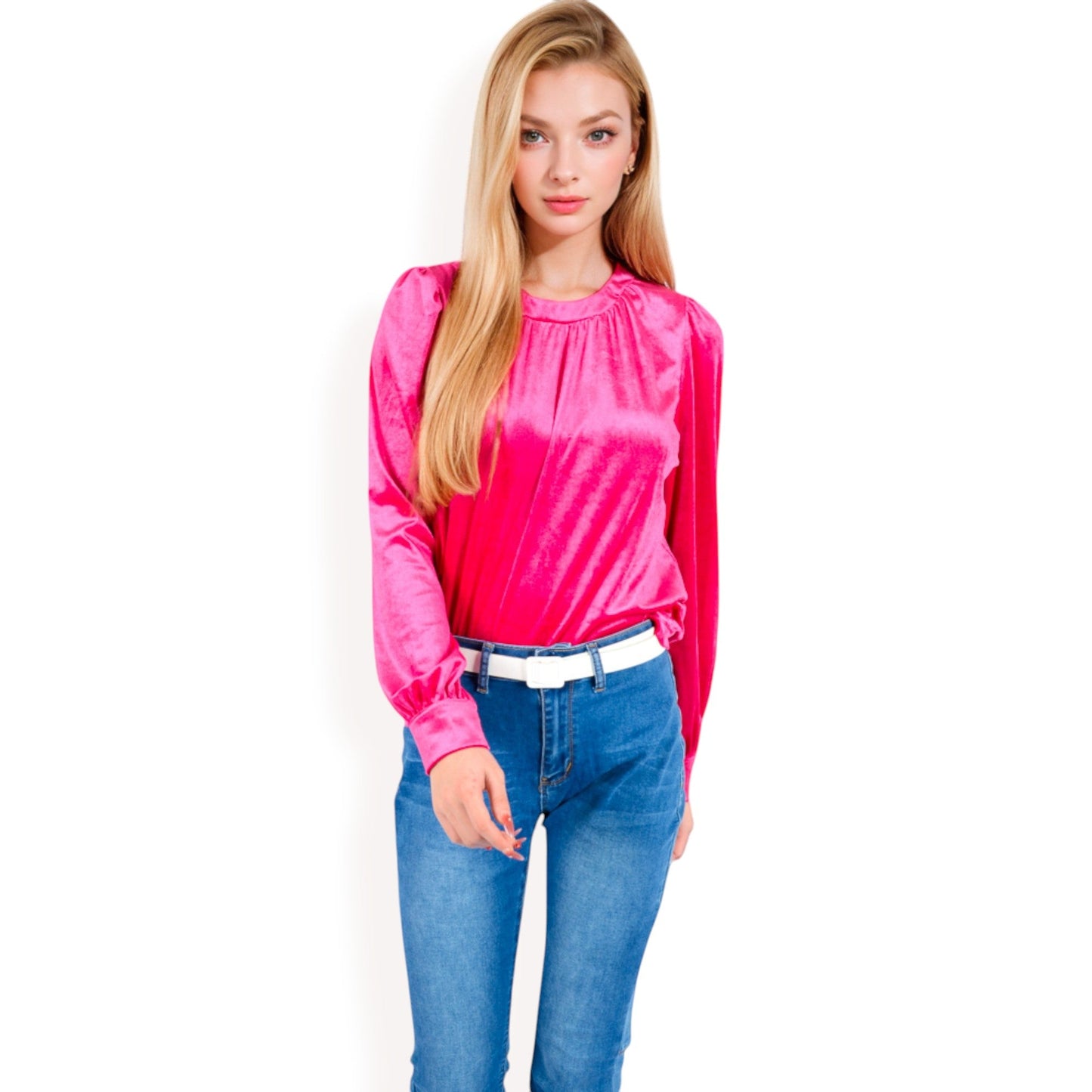 Velvet Long Sleeve Top with Puff Shoulders