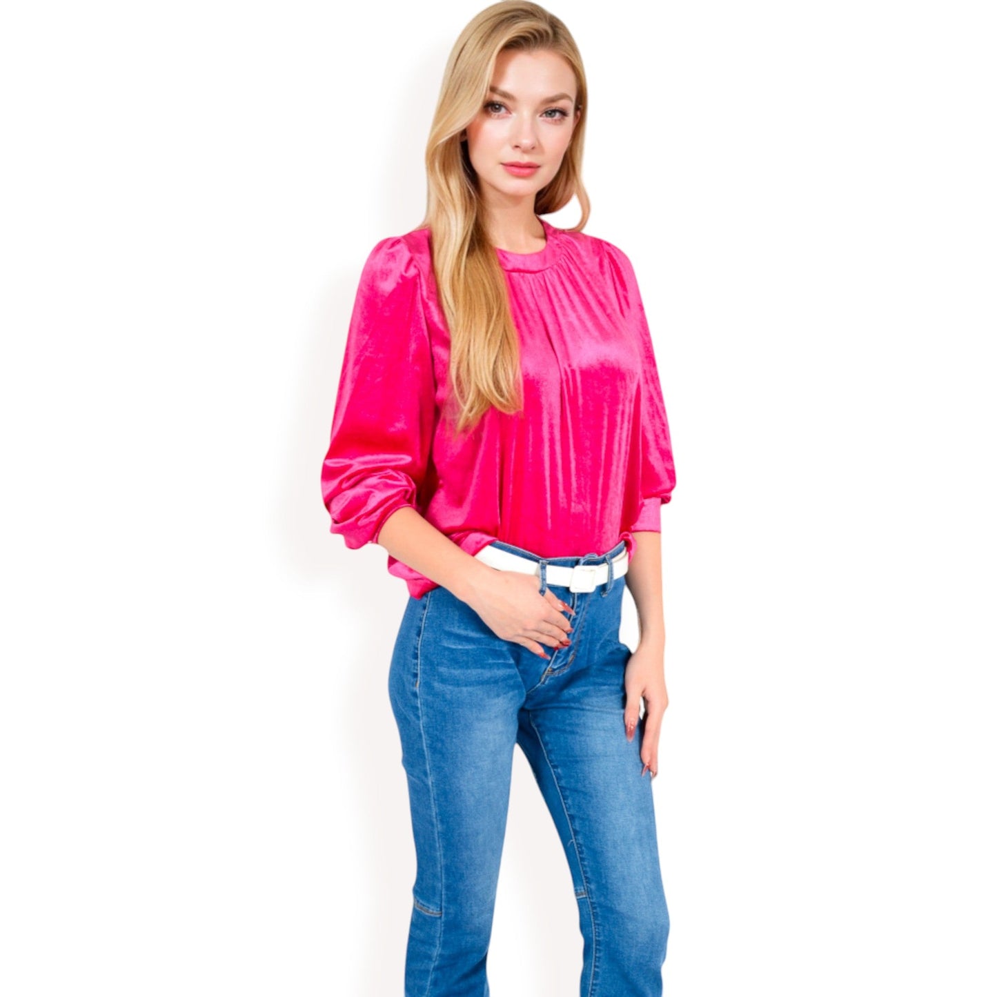 Velvet Long Sleeve Top with Puff Shoulders