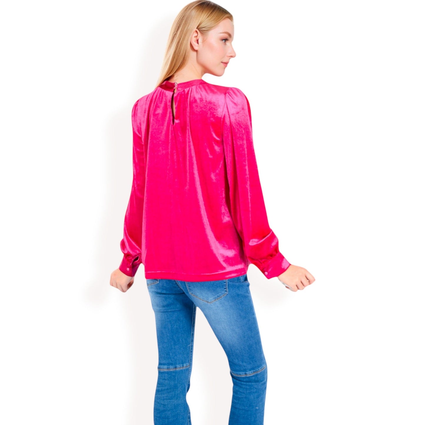 Velvet Long Sleeve Top with Puff Shoulders