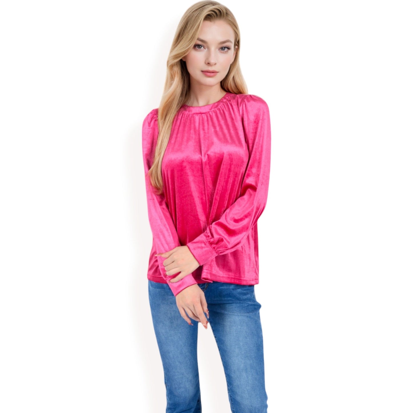 Velvet Long Sleeve Top with Puff Shoulders