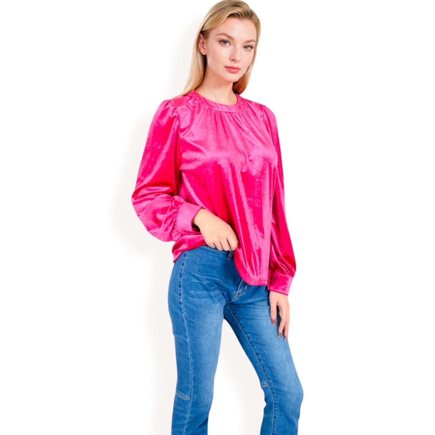 Velvet Long Sleeve Top with Puff Shoulders