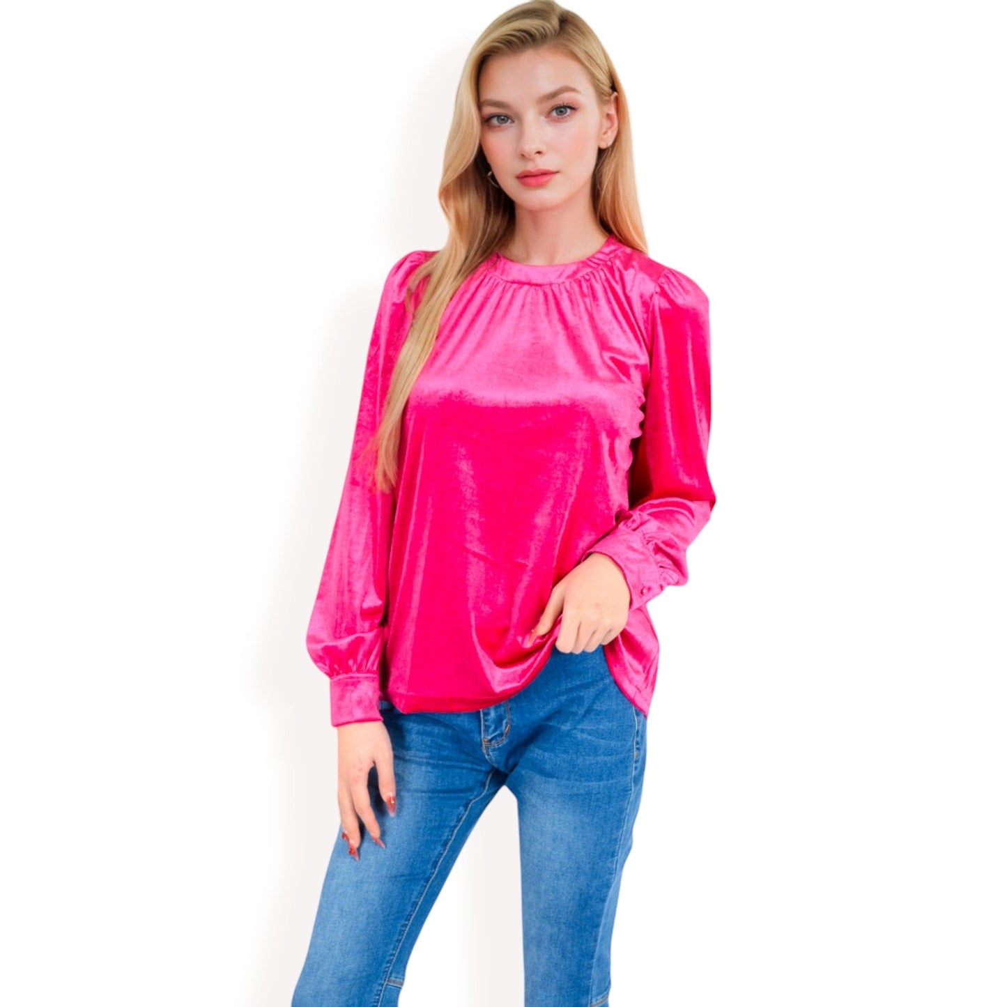 Velvet Long Sleeve Top with Puff Shoulders