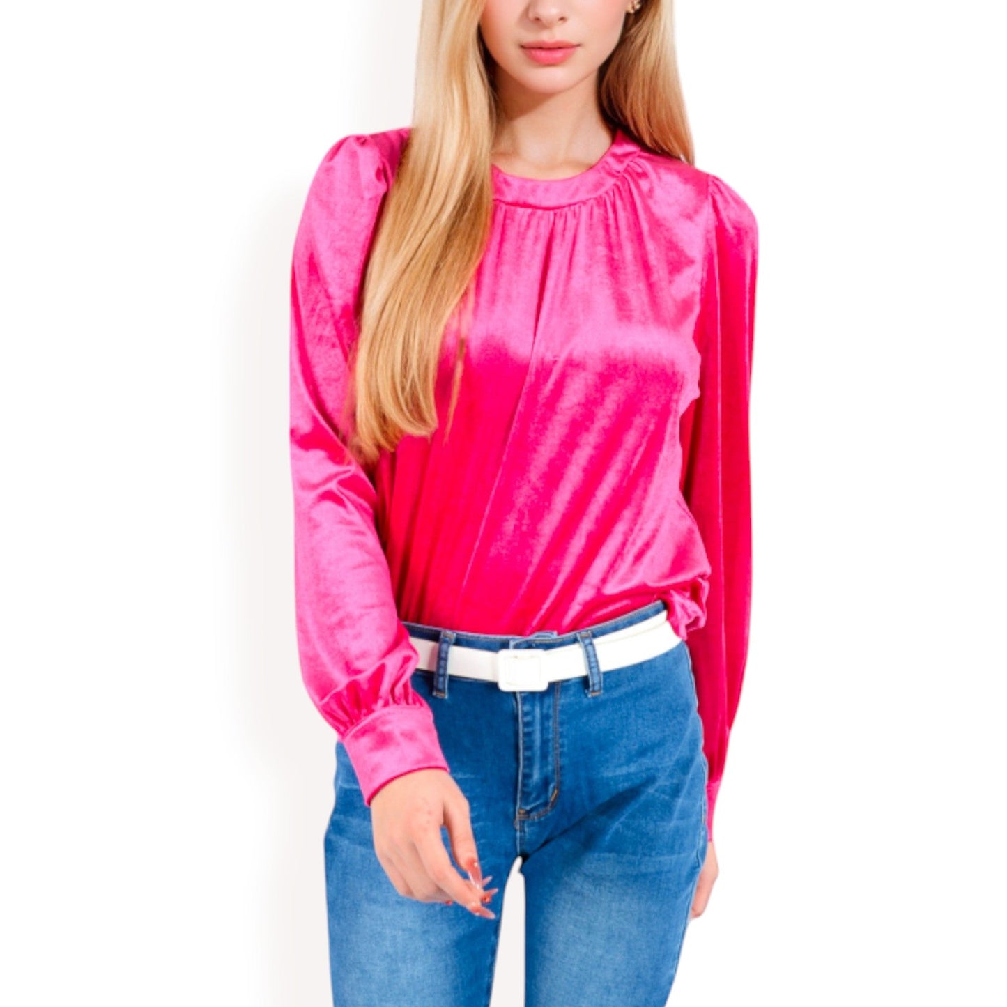 Velvet Long Sleeve Top with Puff Shoulders