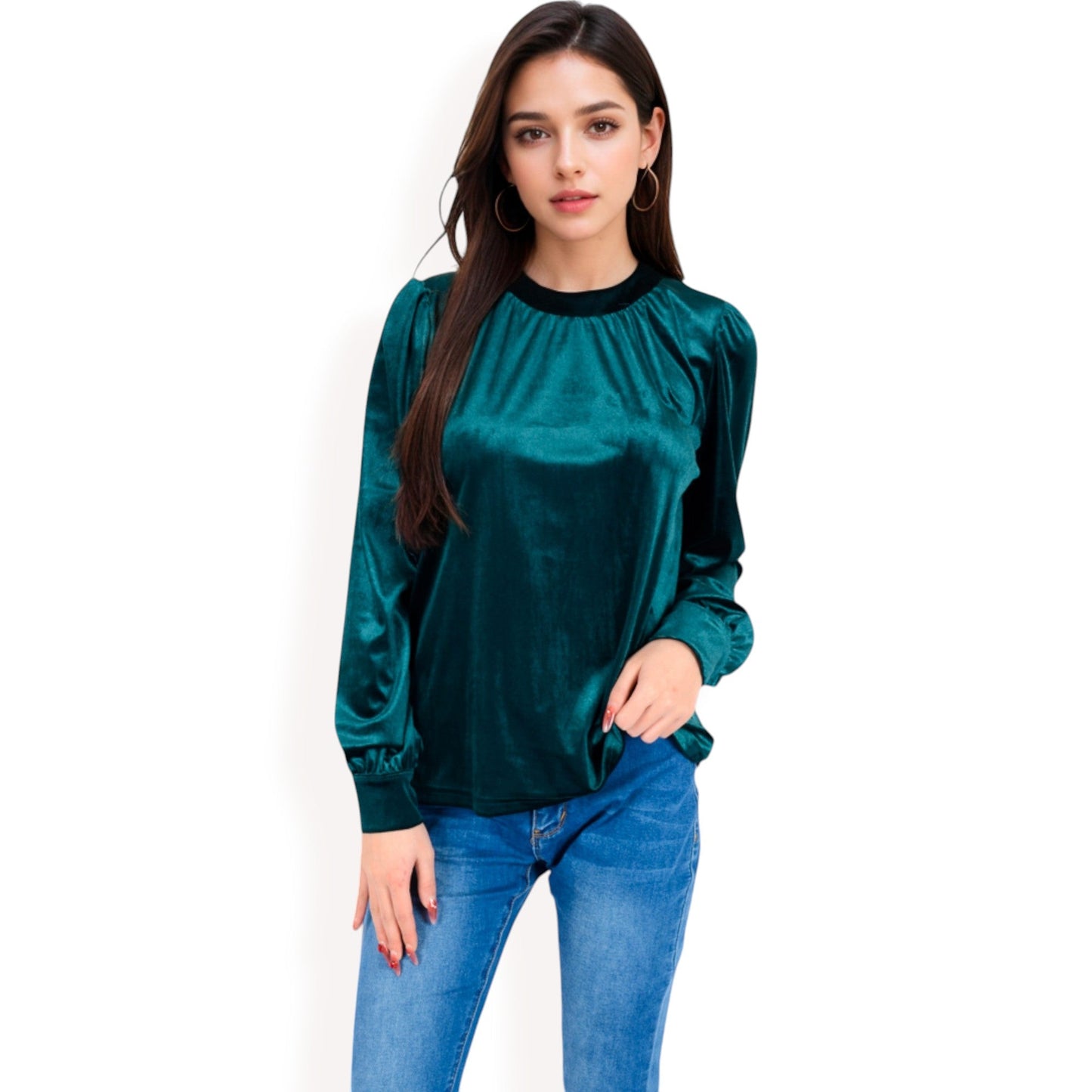 Velvet Long Sleeve Top with Puff Shoulders