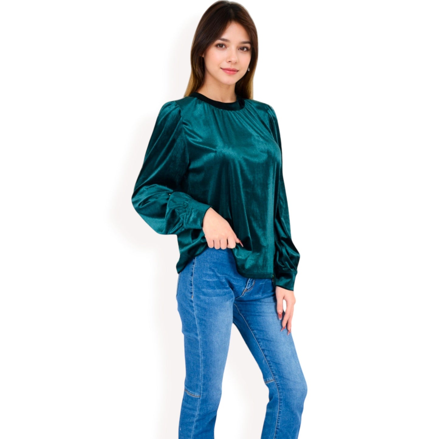 Velvet Long Sleeve Top with Puff Shoulders