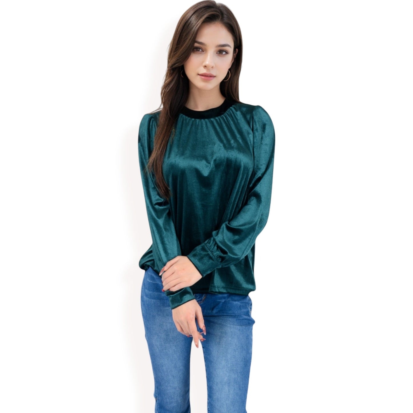 Velvet Long Sleeve Top with Puff Shoulders