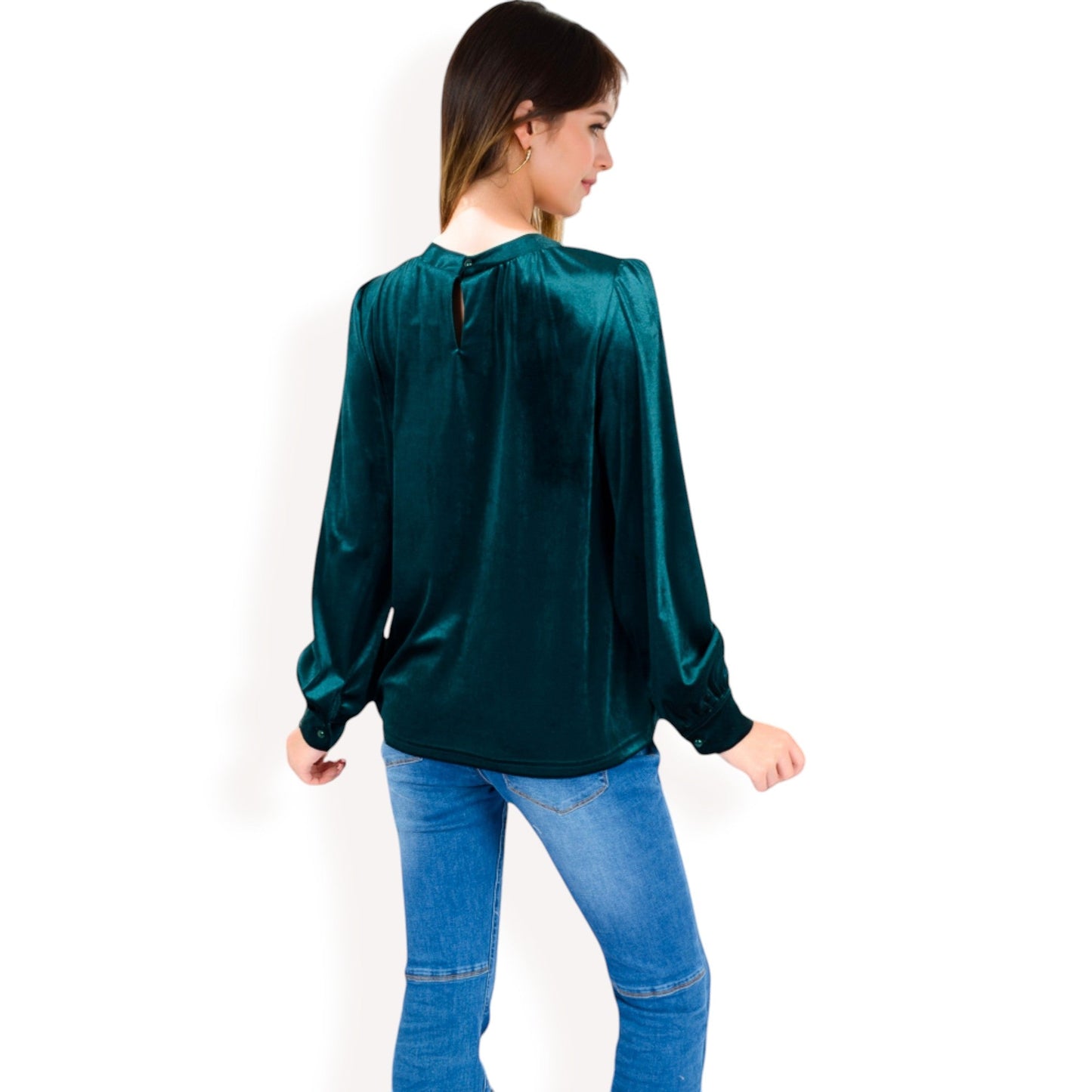 Velvet Long Sleeve Top with Puff Shoulders