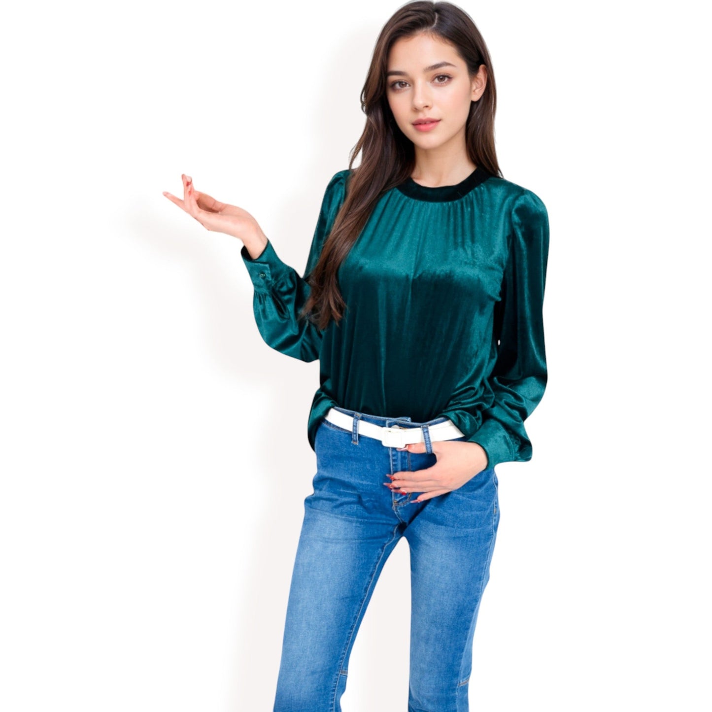 Velvet Long Sleeve Top with Puff Shoulders
