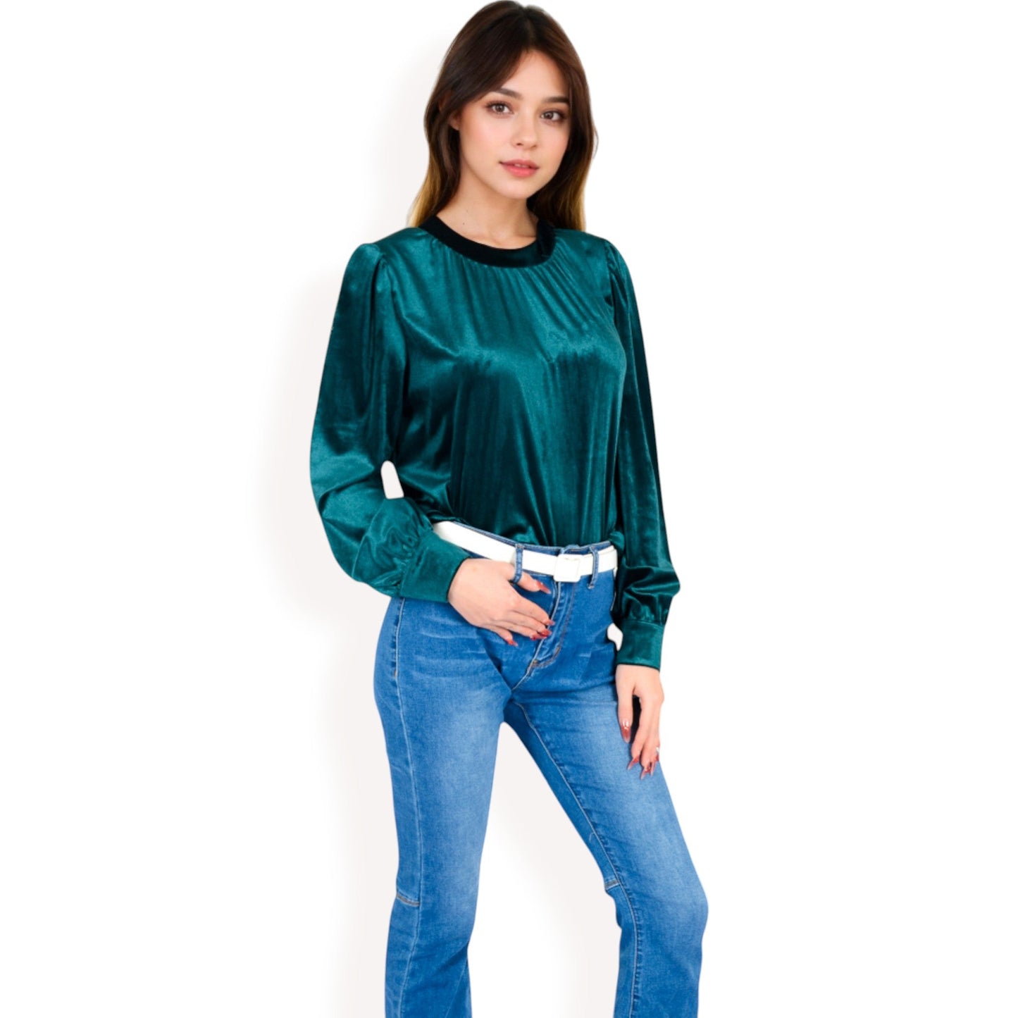 Velvet Long Sleeve Top with Puff Shoulders