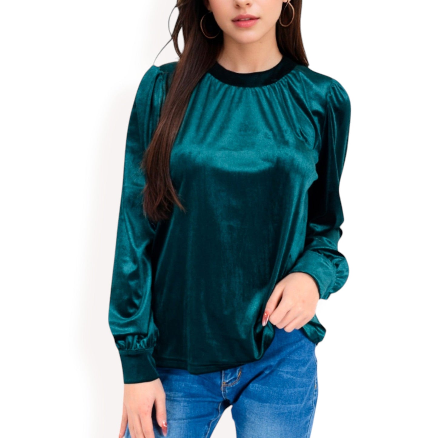 Velvet Long Sleeve Top with Puff Shoulders