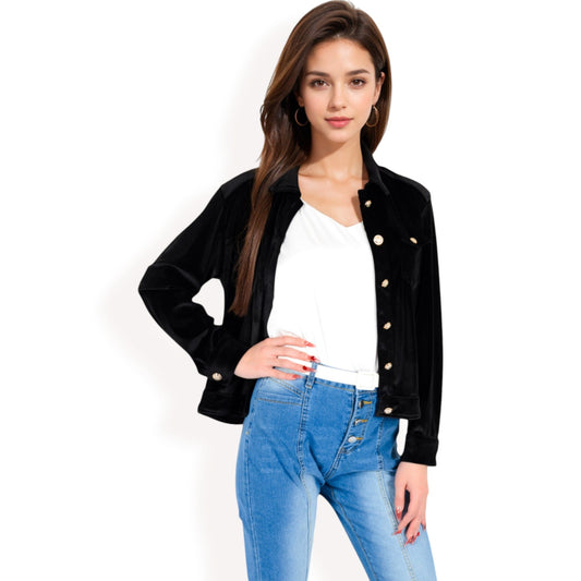 Button-Up Velvet Jacket with Chest Pockets
