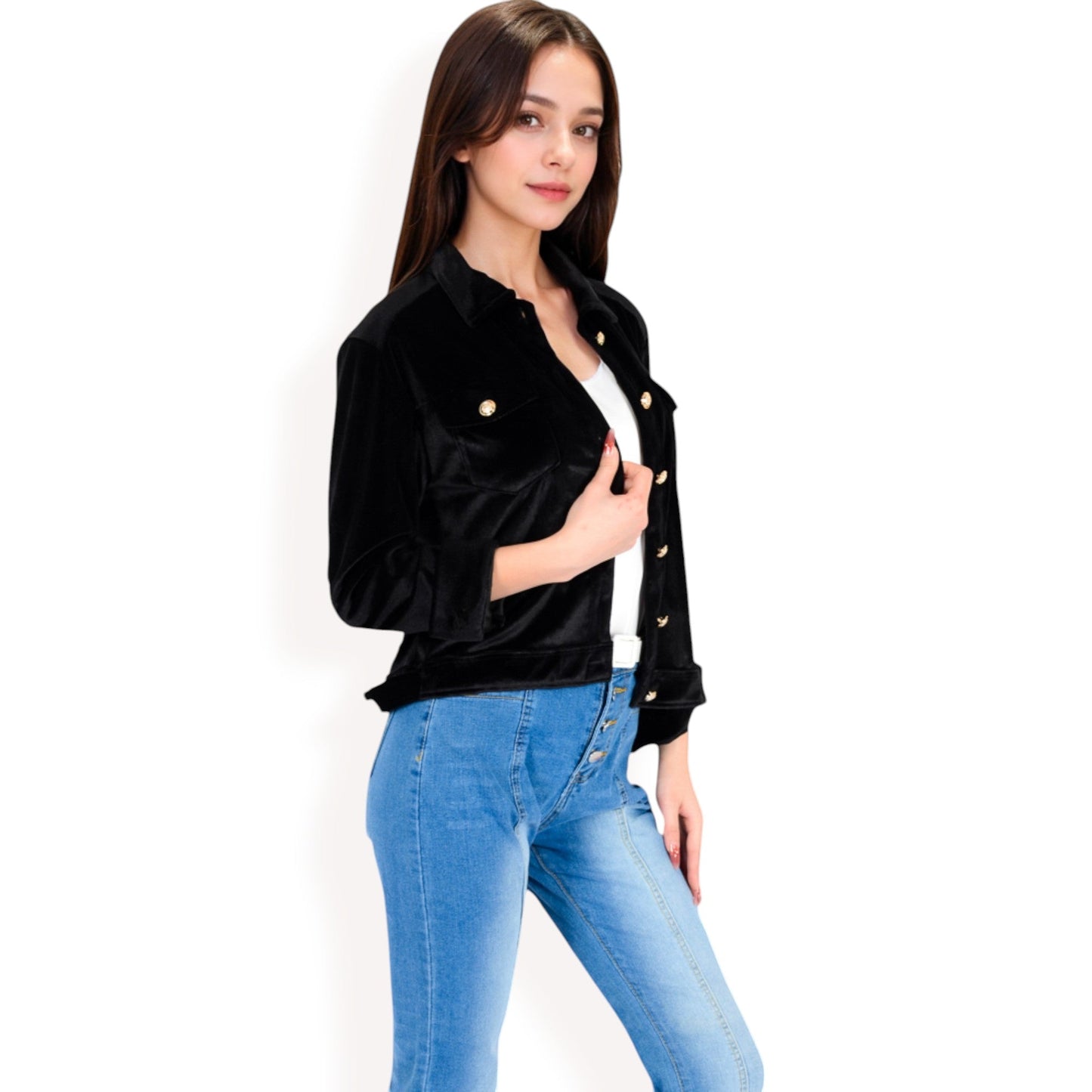 Button-Up Velvet Jacket with Chest Pockets
