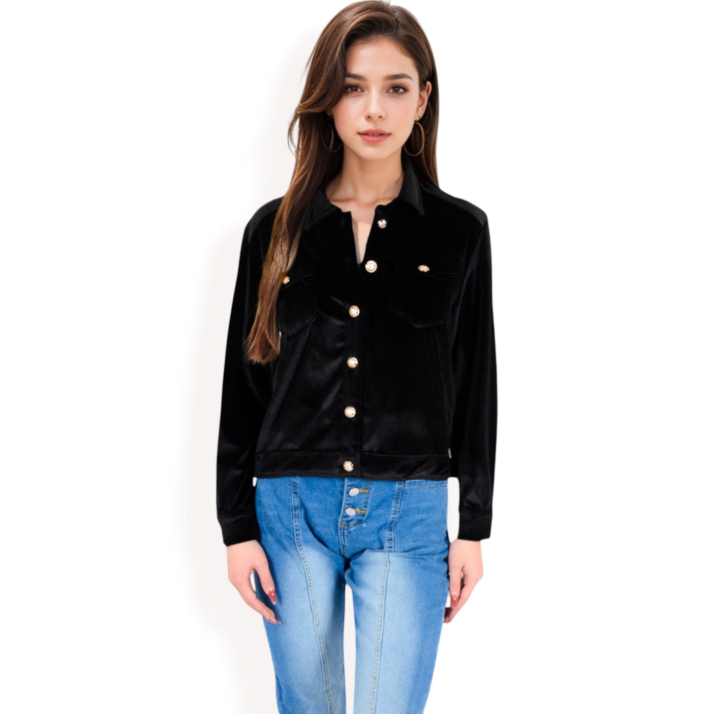 Button-Up Velvet Jacket with Chest Pockets