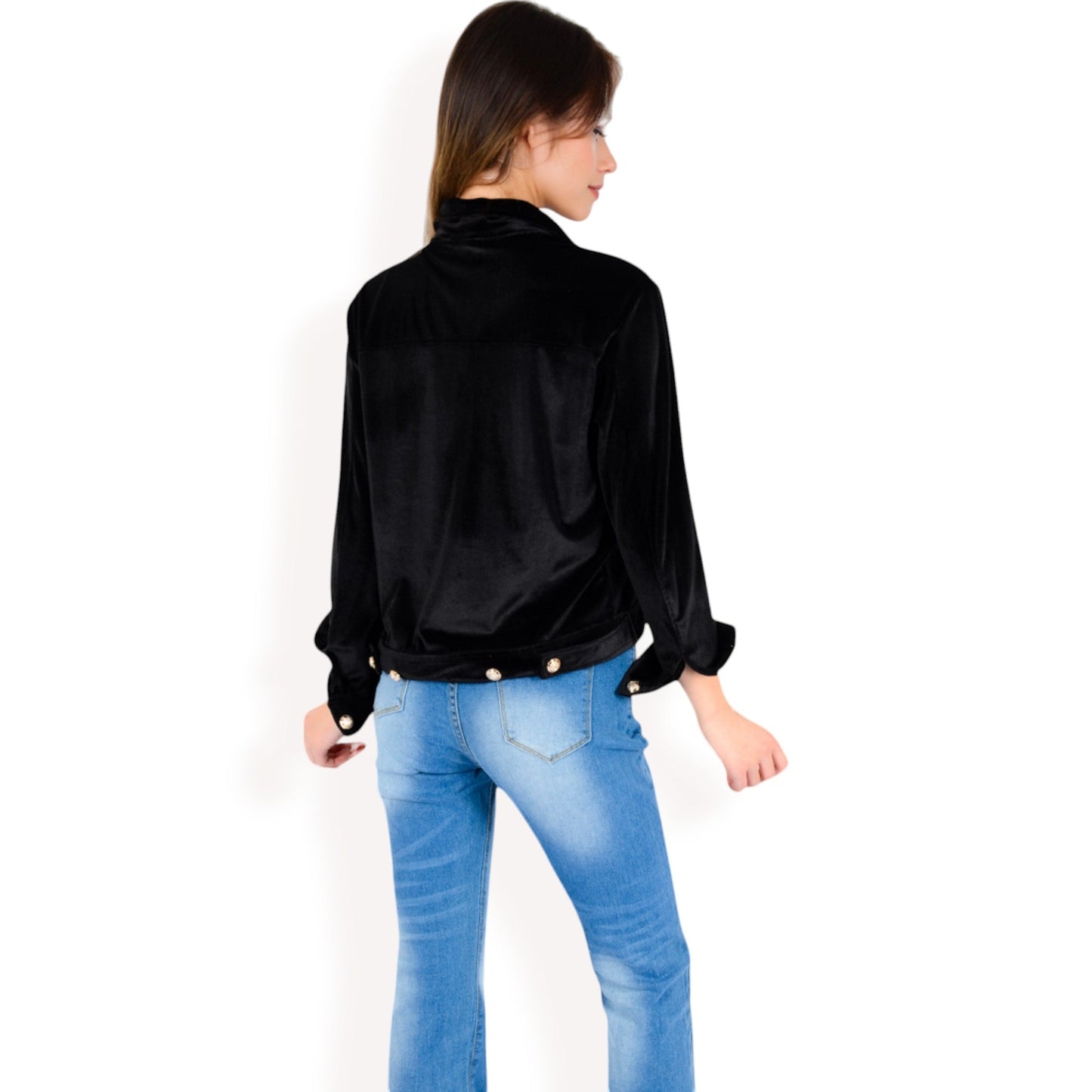 Button-Up Velvet Jacket with Chest Pockets