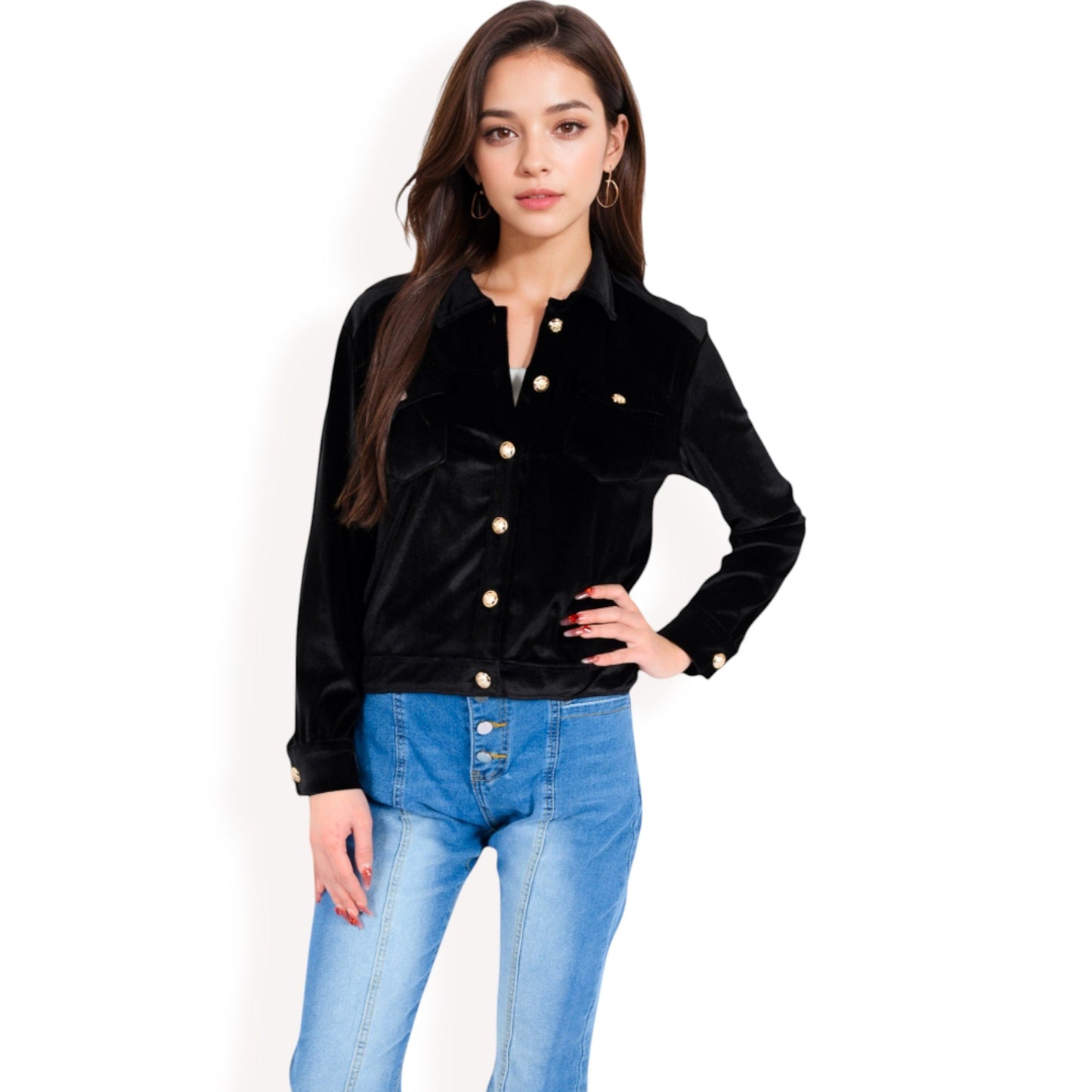 Button-Up Velvet Jacket with Chest Pockets