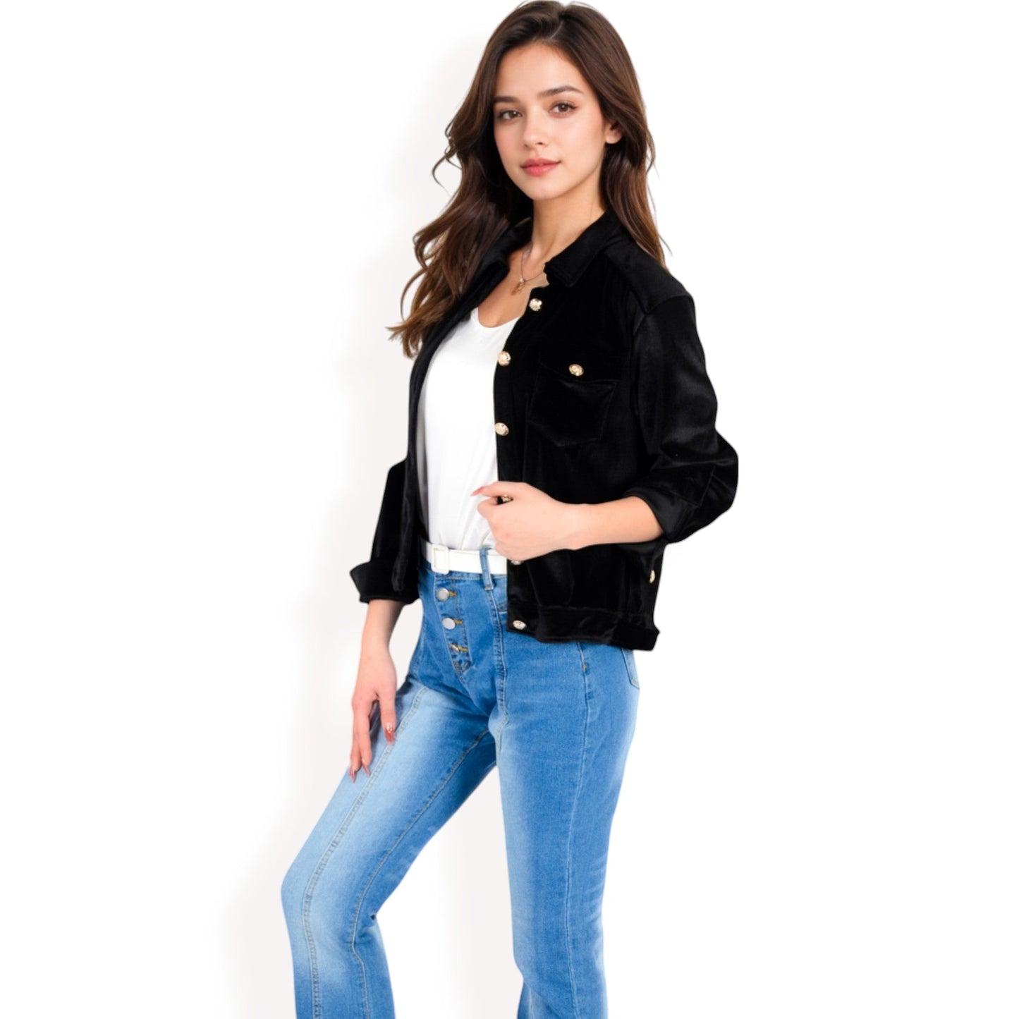 Button-Up Velvet Jacket with Chest Pockets