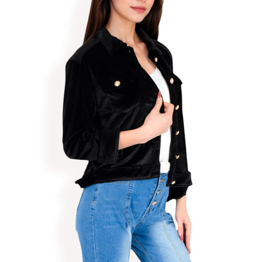 Button-Up Velvet Jacket with Chest Pockets