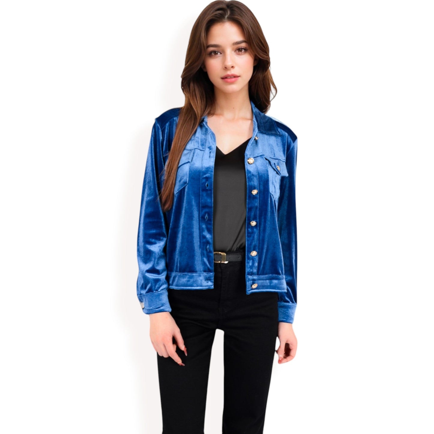 Button-Up Velvet Jacket with Chest Pockets