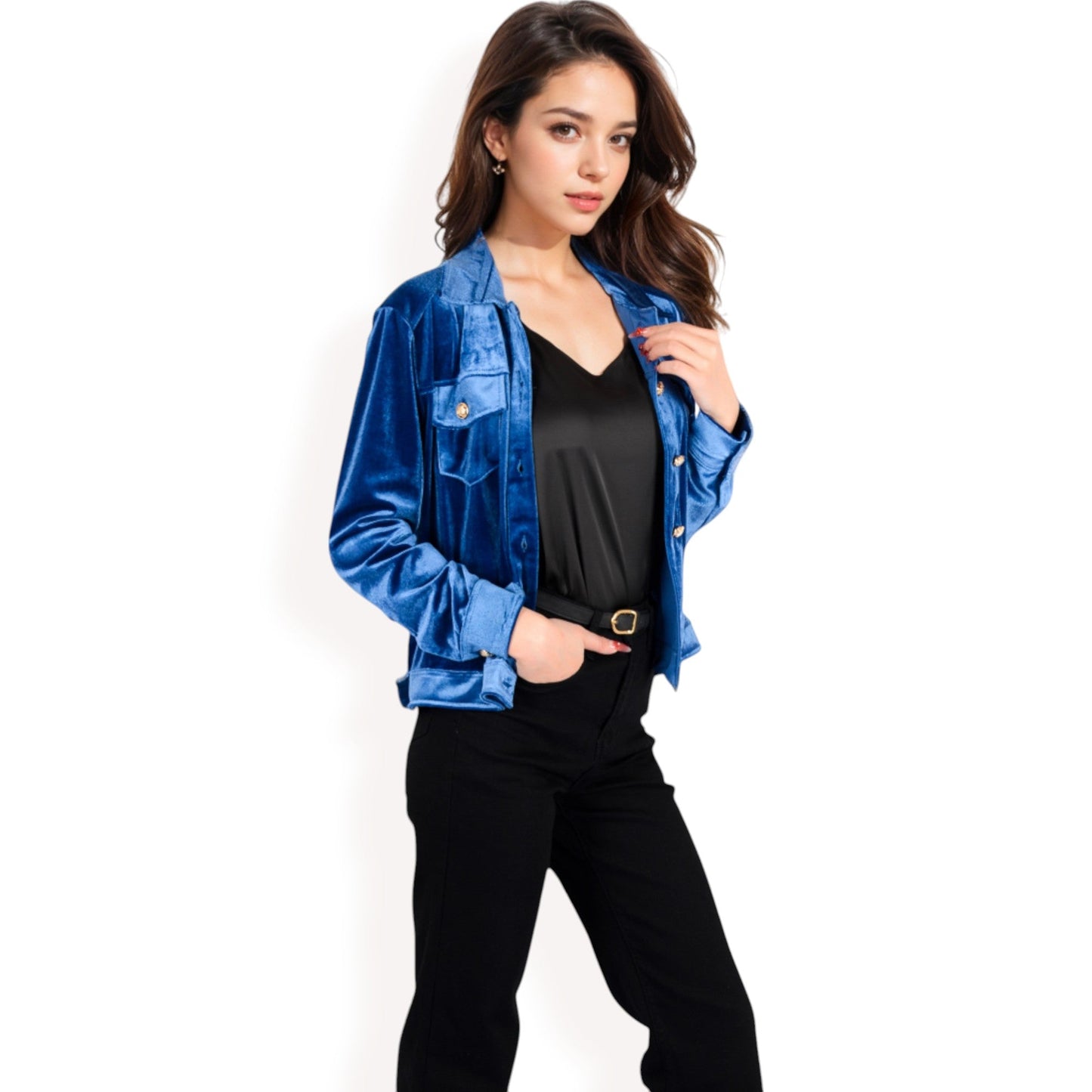Button-Up Velvet Jacket with Chest Pockets