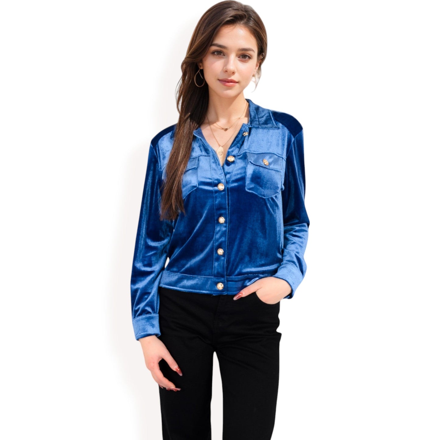 Button-Up Velvet Jacket with Chest Pockets