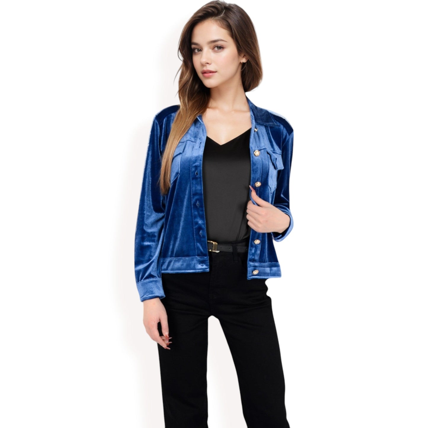 Button-Up Velvet Jacket with Chest Pockets