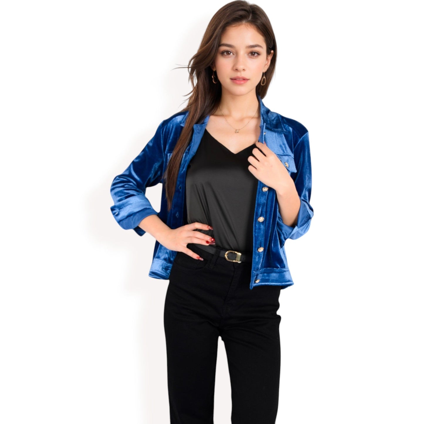 Button-Up Velvet Jacket with Chest Pockets