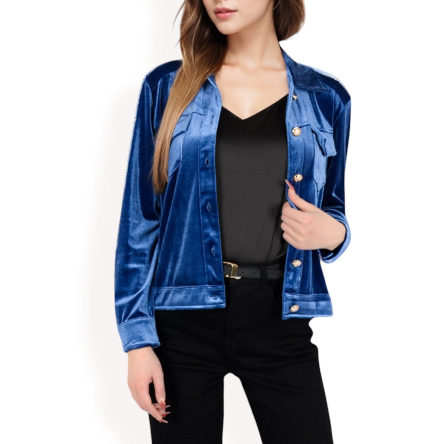 Button-Up Velvet Jacket with Chest Pockets