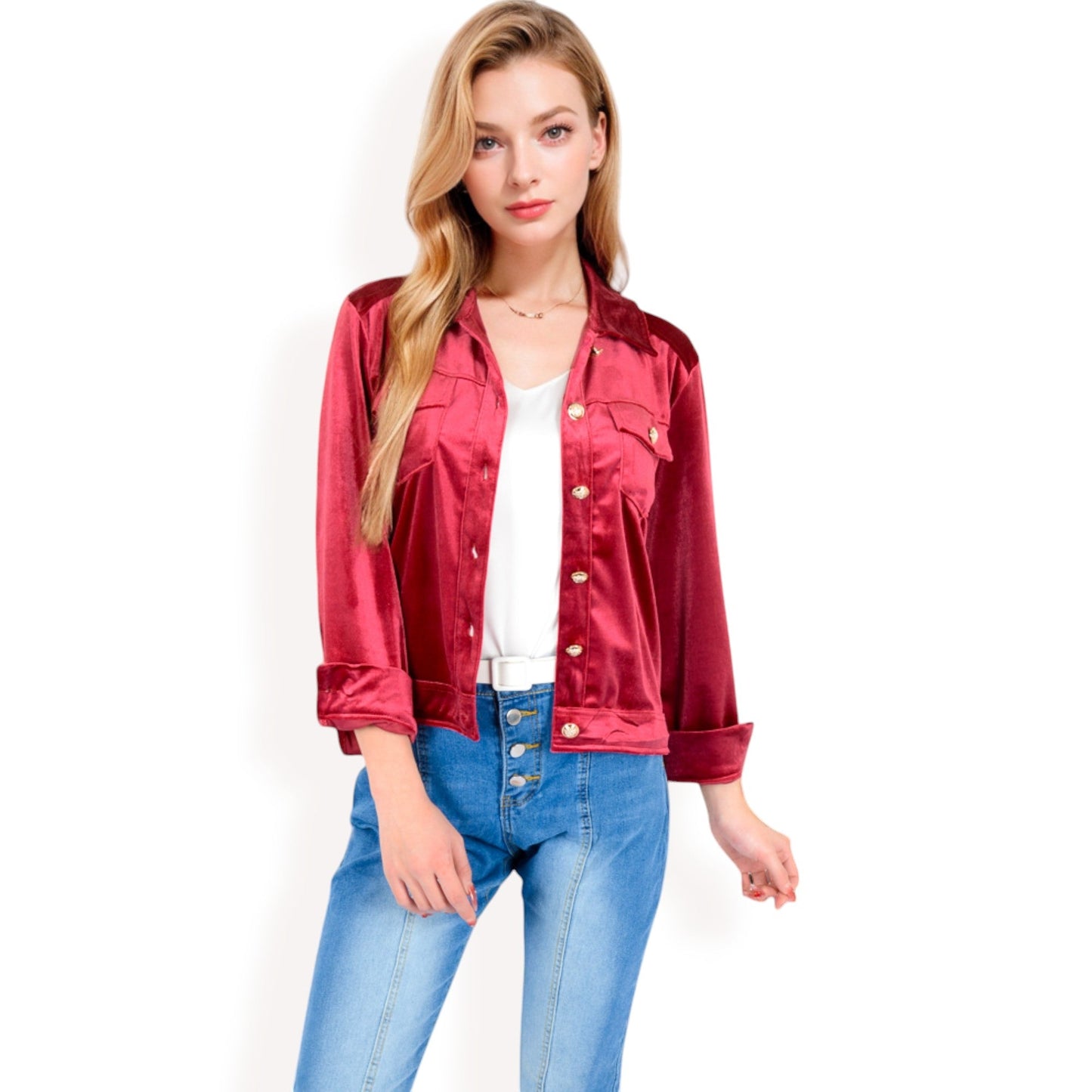 Button-Up Velvet Jacket with Chest Pockets