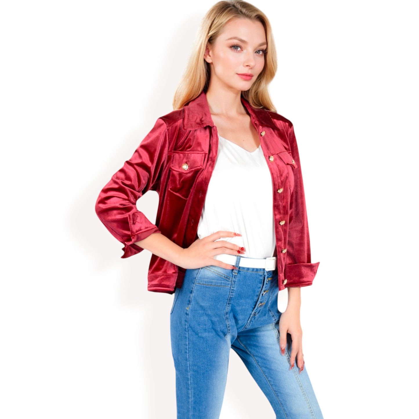 Button-Up Velvet Jacket with Chest Pockets