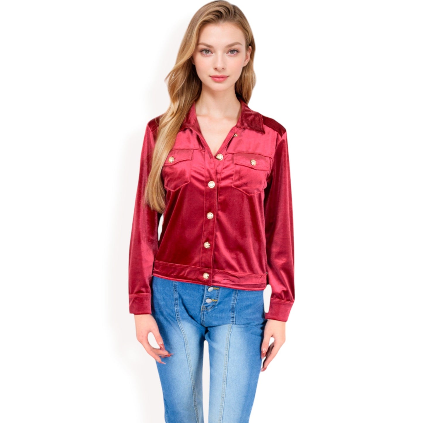 Button-Up Velvet Jacket with Chest Pockets