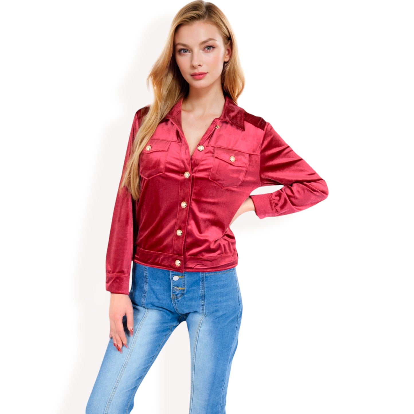 Button-Up Velvet Jacket with Chest Pockets