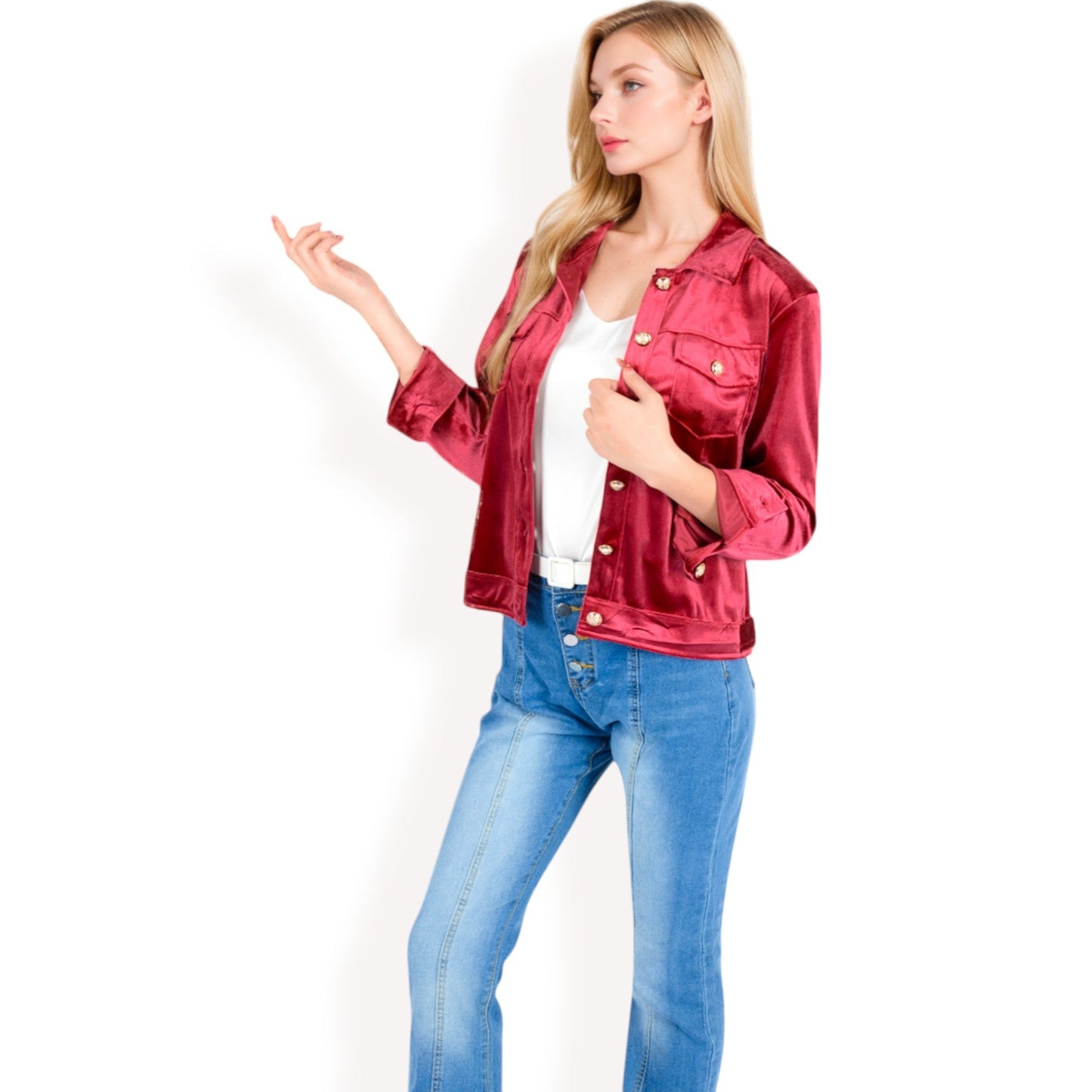 Button-Up Velvet Jacket with Chest Pockets