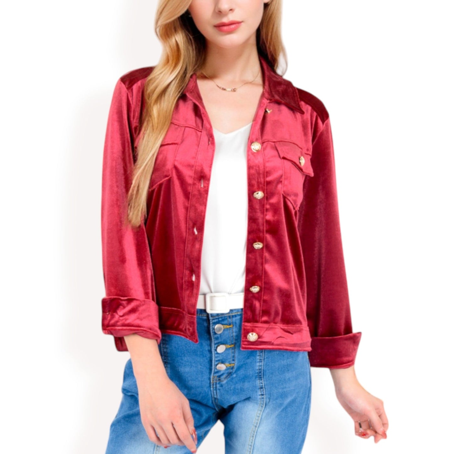 Button-Up Velvet Jacket with Chest Pockets