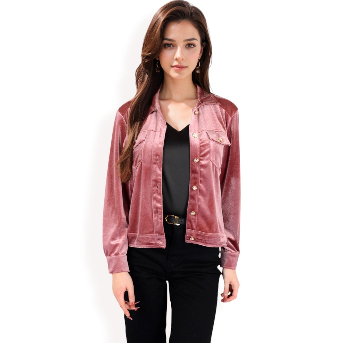 Button-Up Velvet Jacket with Chest Pockets