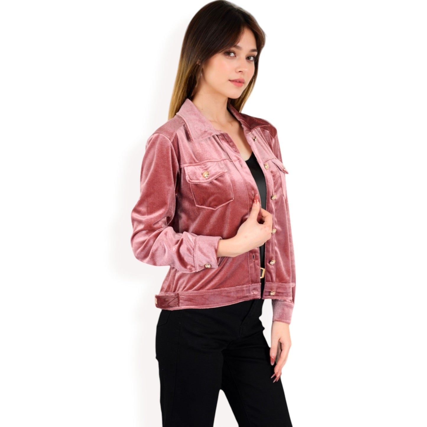 Button-Up Velvet Jacket with Chest Pockets