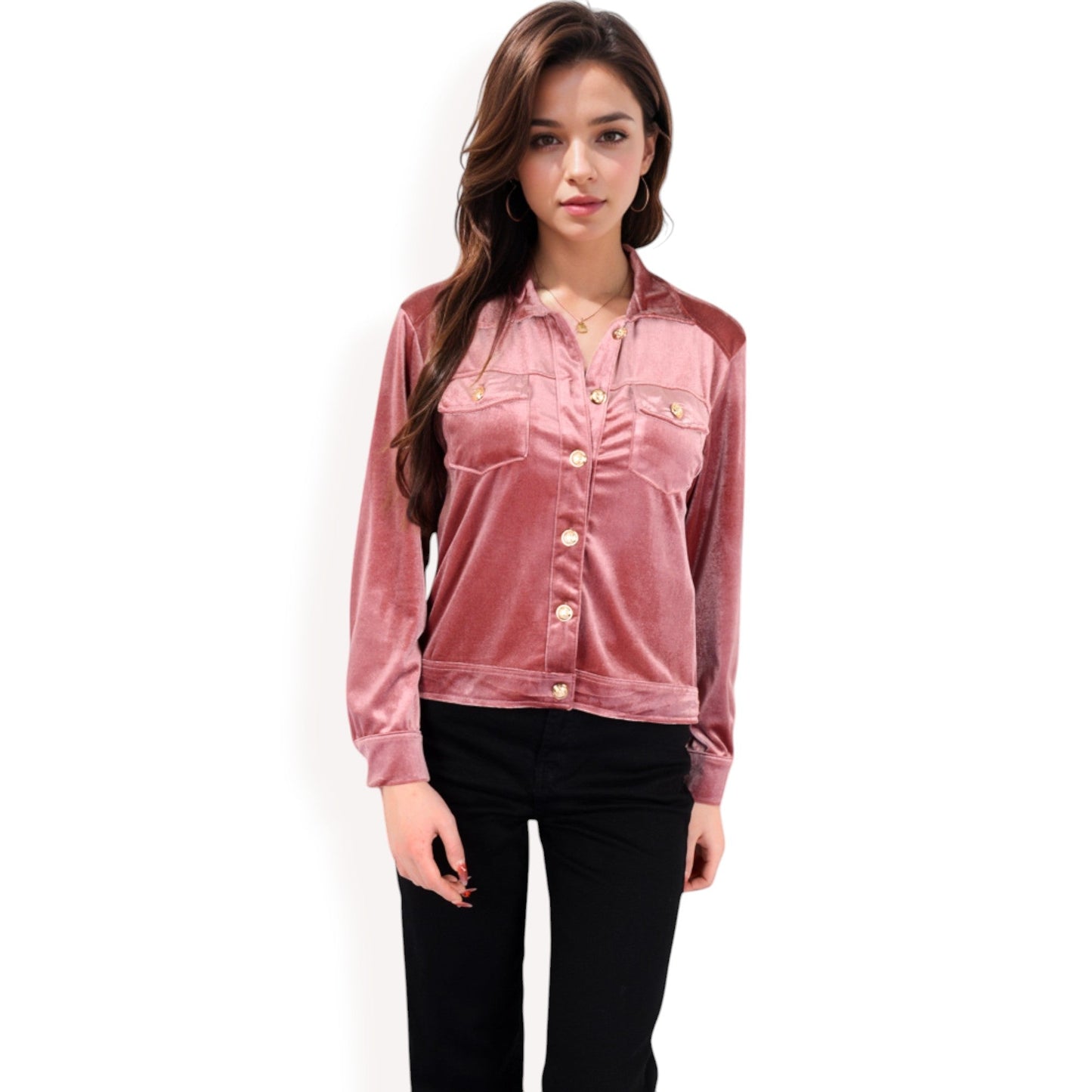 Button-Up Velvet Jacket with Chest Pockets