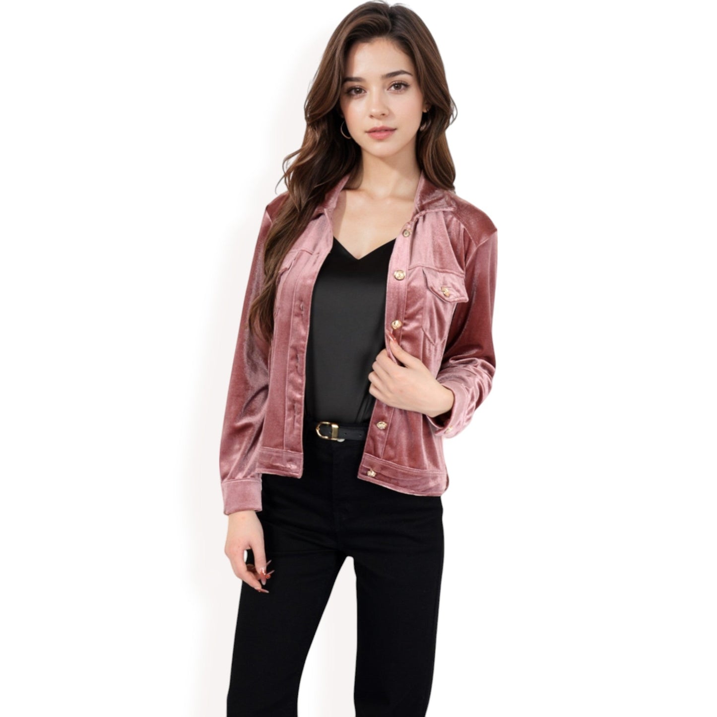Button-Up Velvet Jacket with Chest Pockets