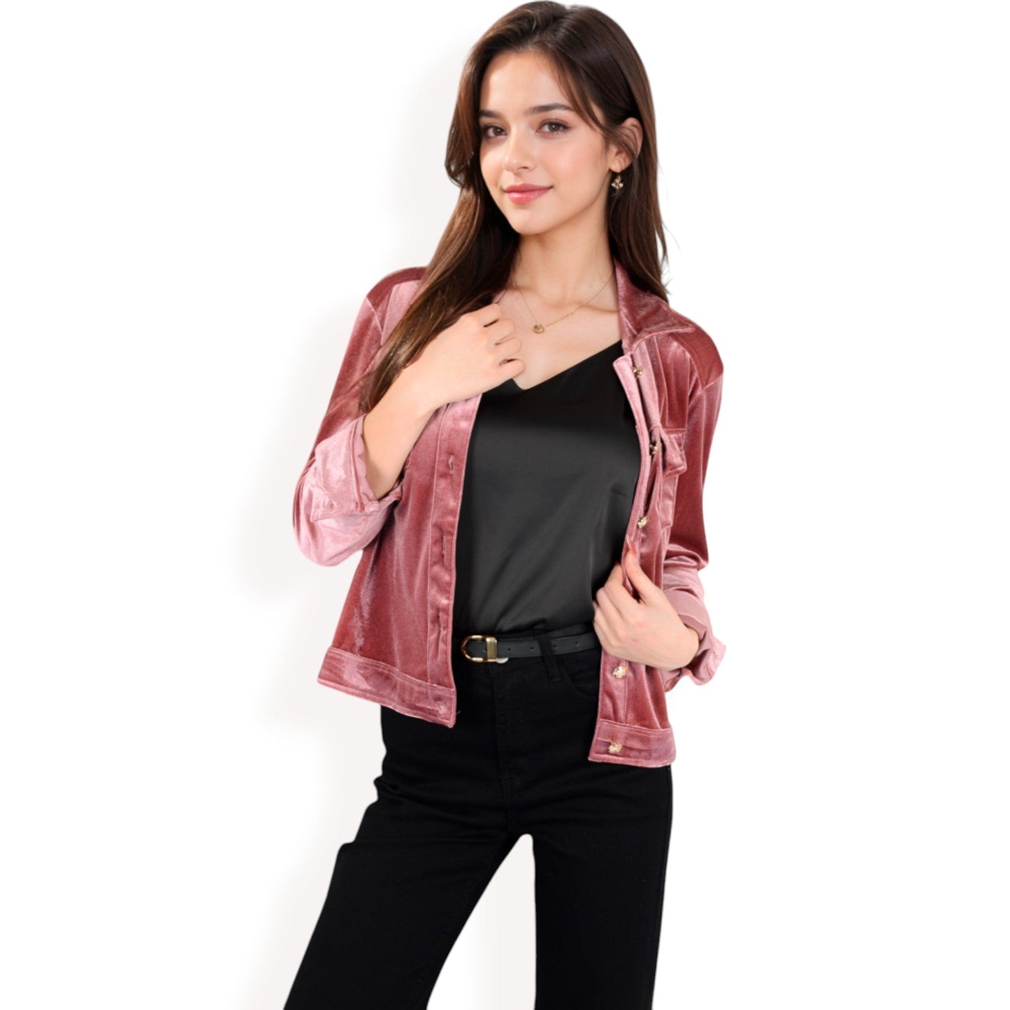 Button-Up Velvet Jacket with Chest Pockets