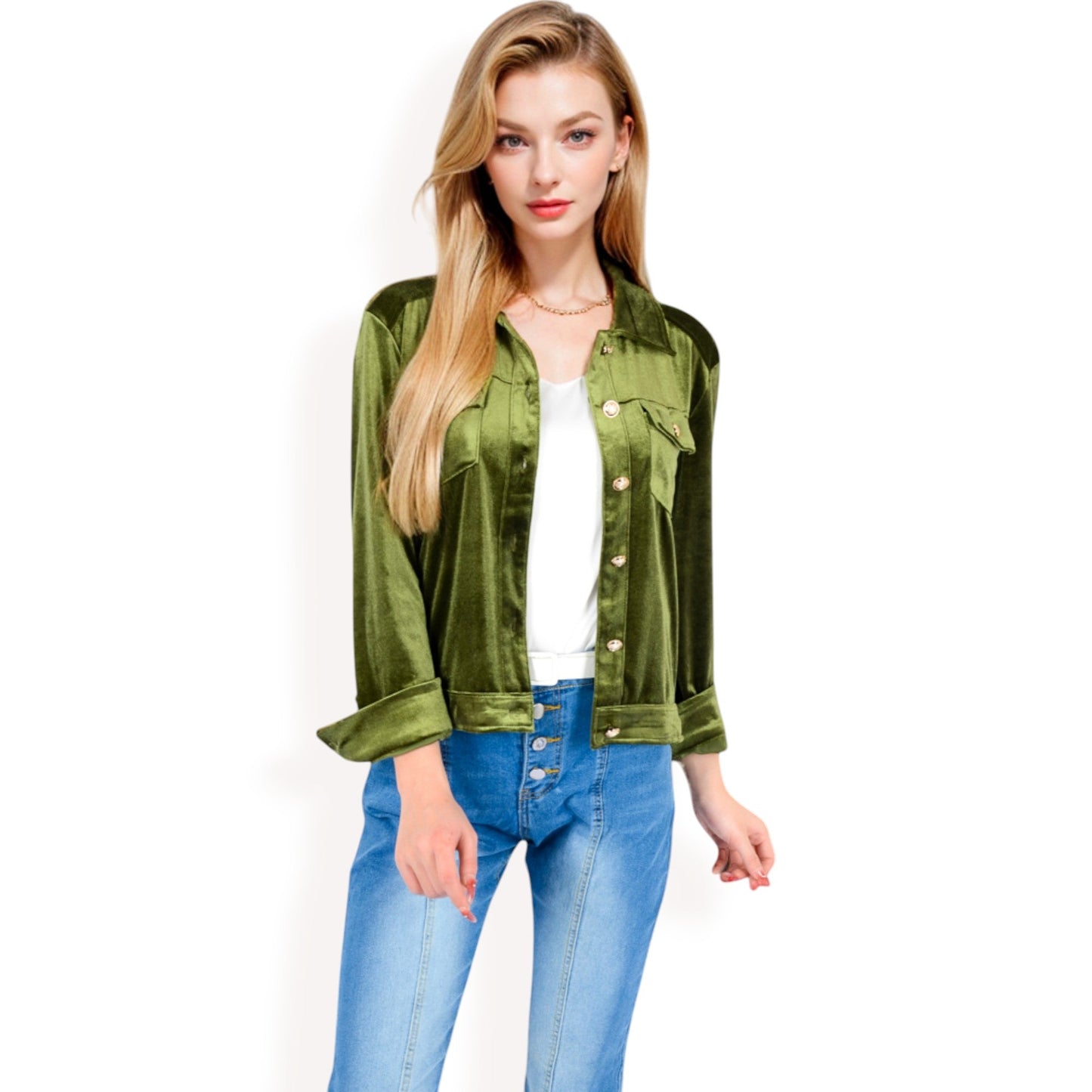 Button-Up Velvet Jacket with Chest Pockets
