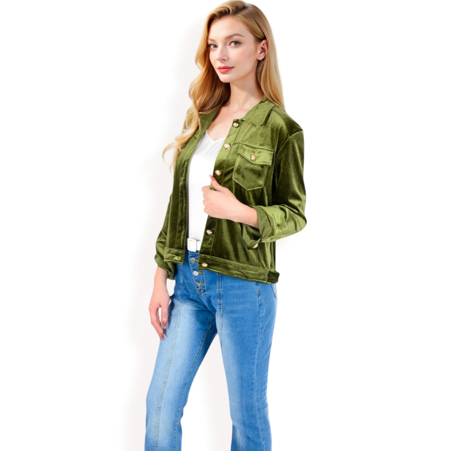 Button-Up Velvet Jacket with Chest Pockets