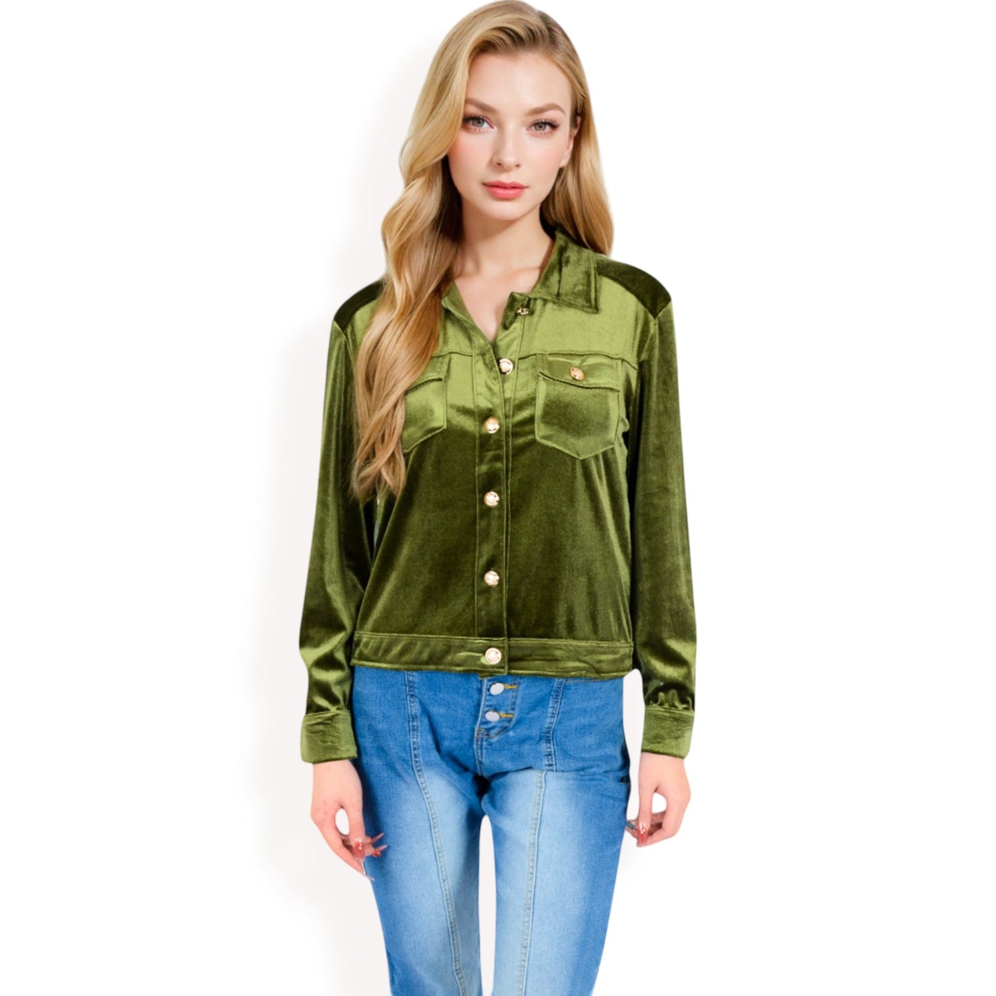 Button-Up Velvet Jacket with Chest Pockets