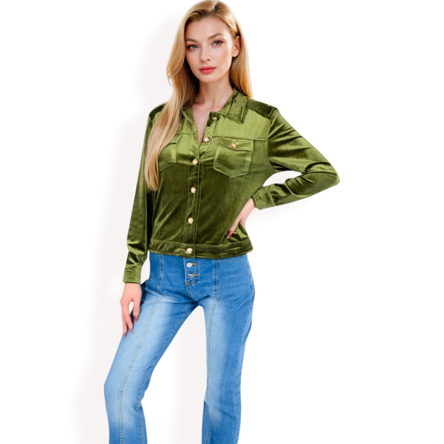 Button-Up Velvet Jacket with Chest Pockets