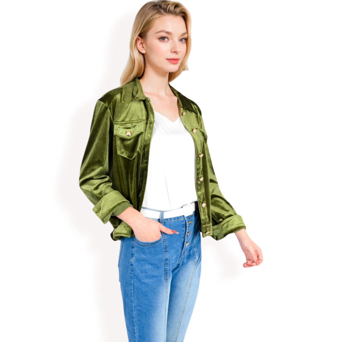 Button-Up Velvet Jacket with Chest Pockets