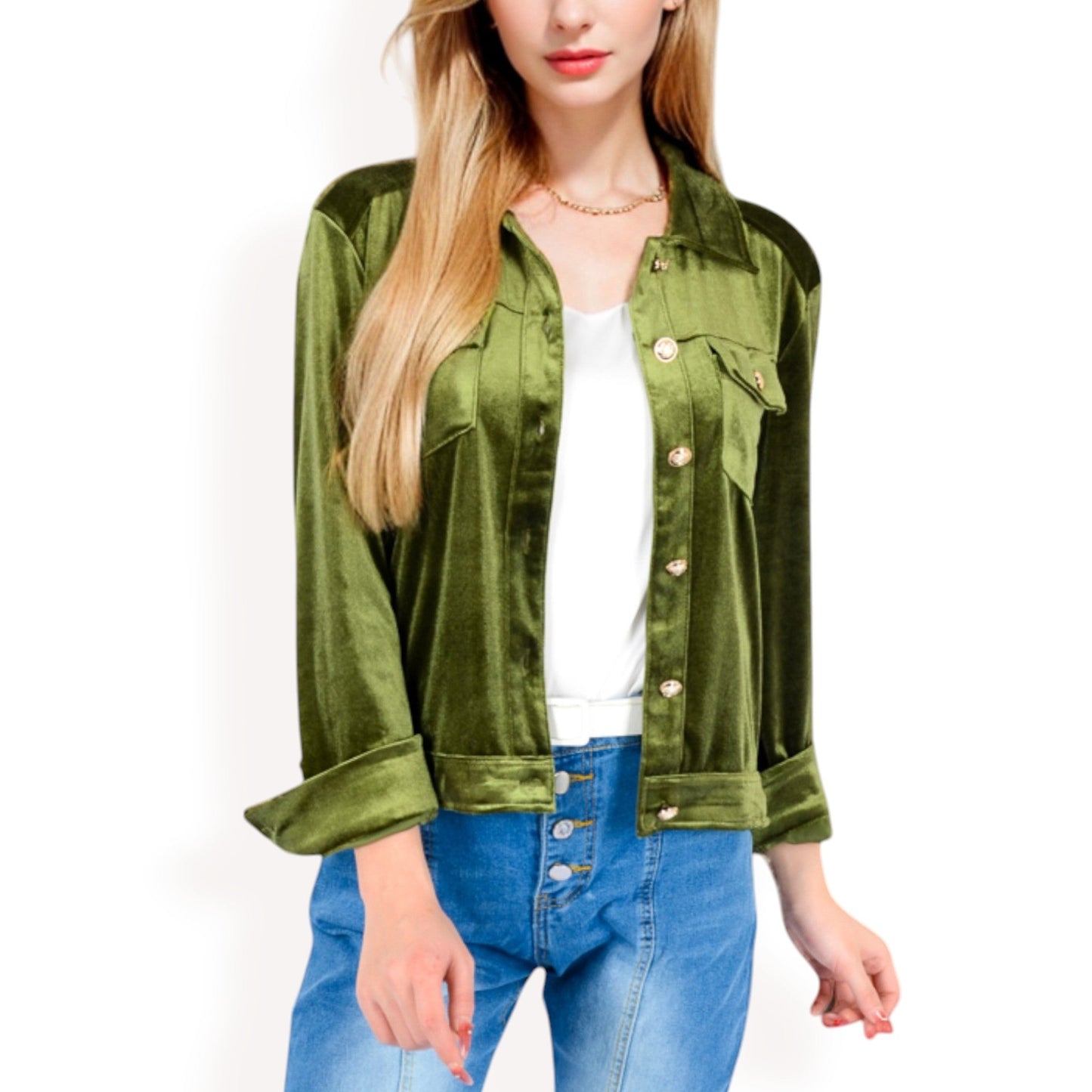Button-Up Velvet Jacket with Chest Pockets
