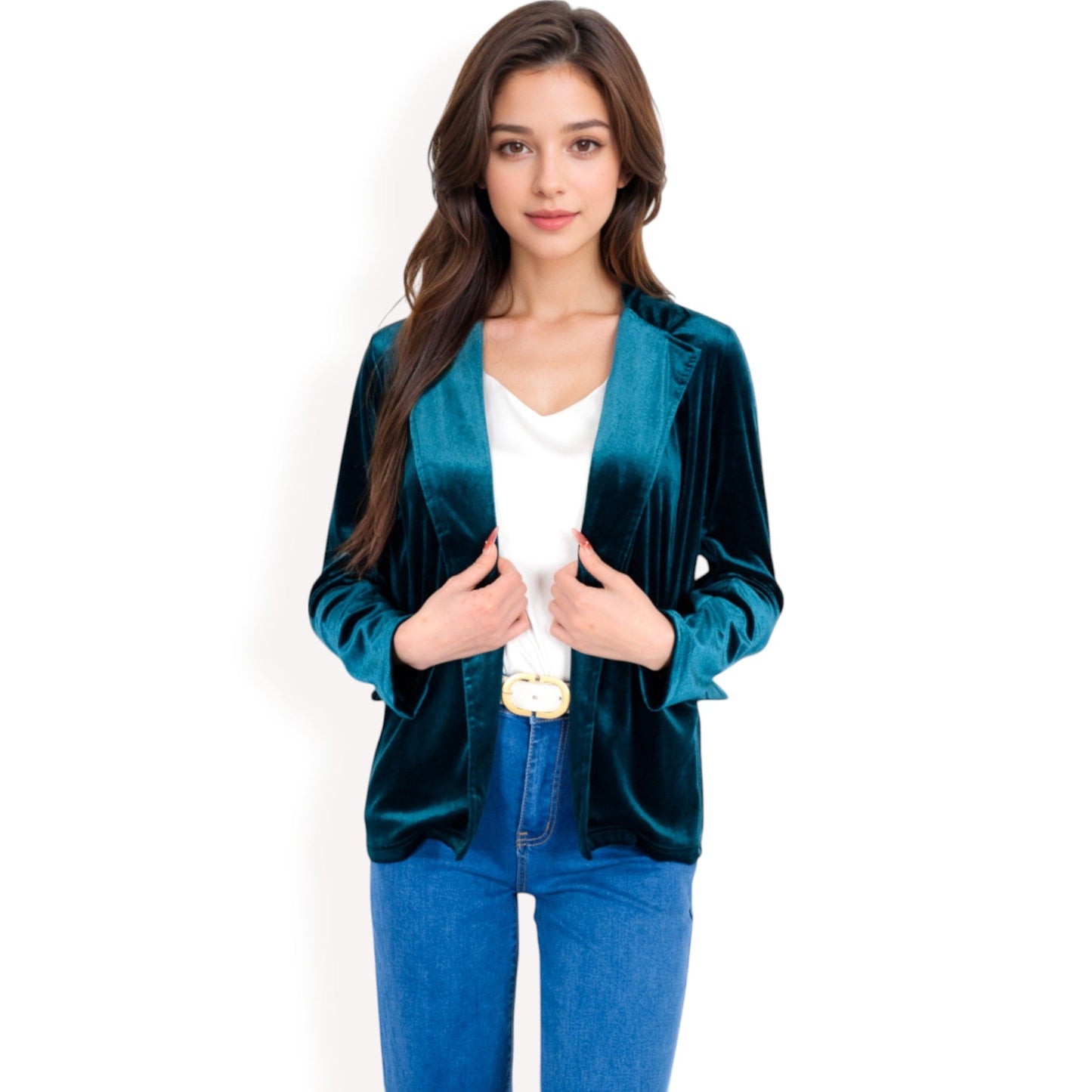 Velvet Blazer With Notch Collar And Front Pockets